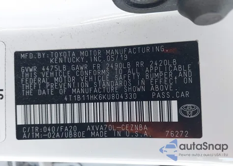 2019 Toyota Camry Le from USA, damaged, VIN 4T1B11HK6KU804330